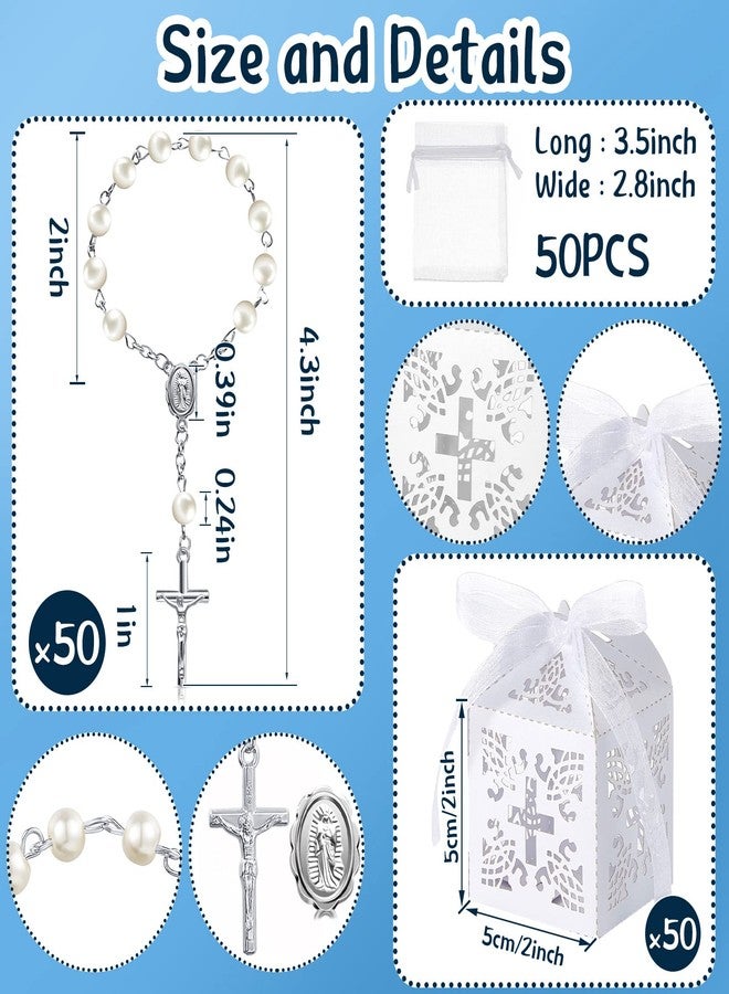 Bonuci 50 Packs Baptism Favors Set Acrylic Rosary Beads Faux Pearls with Organza Bags and Cross Baptism Favor Boxes Recuerdo De Boda Y Bautizo for Christening Weddings Party Favors(Silver Pearl Bracelet) - Image 2